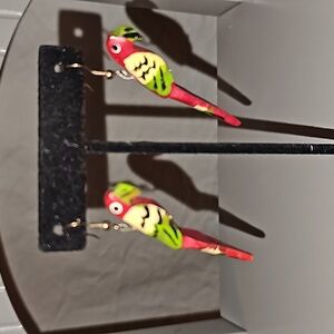 Hand carved and painted wood parrot earrings